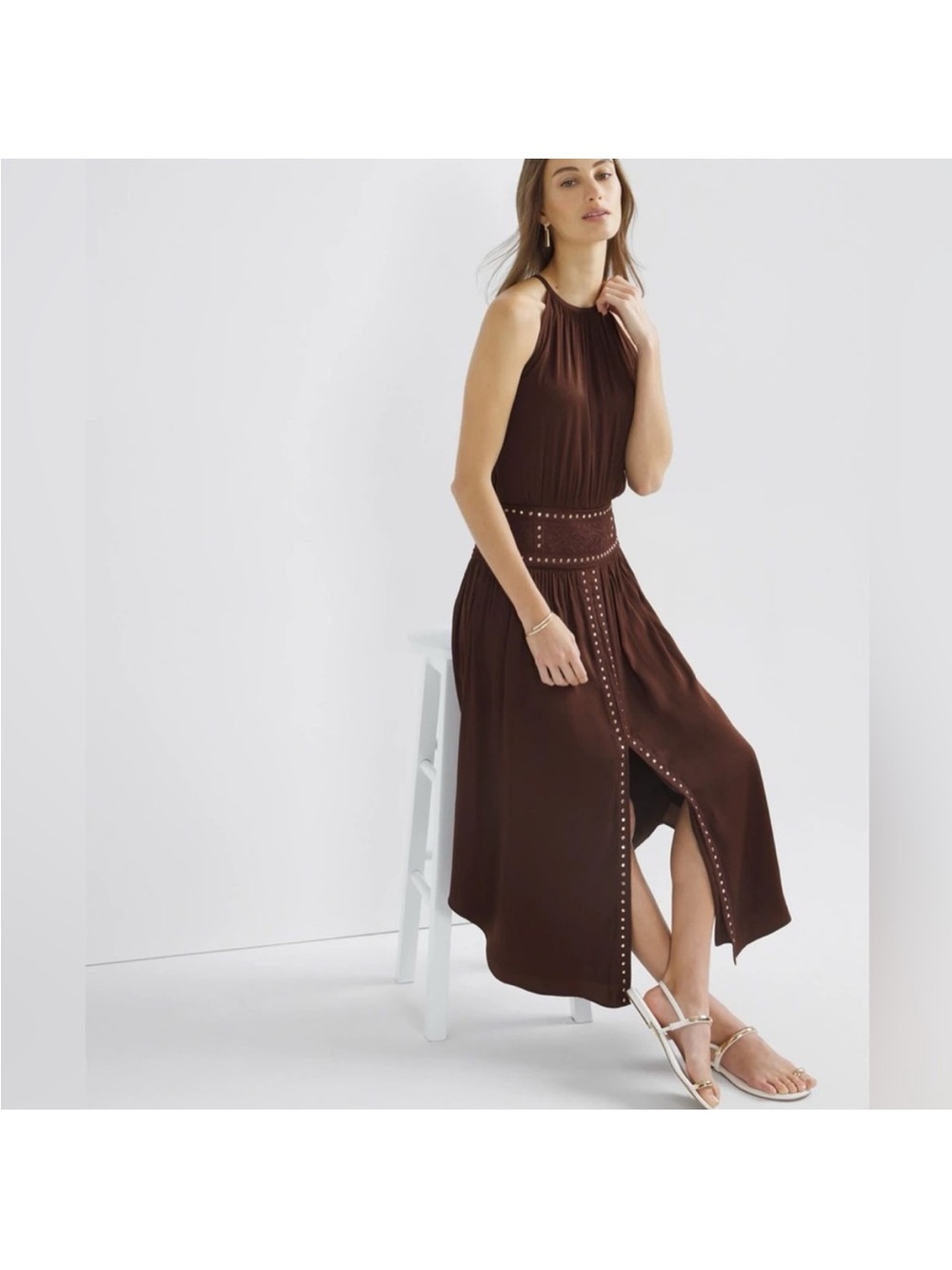 White House Black Market Brown Stud-Trim High-Low Dress 485 - Picture 3 of 11